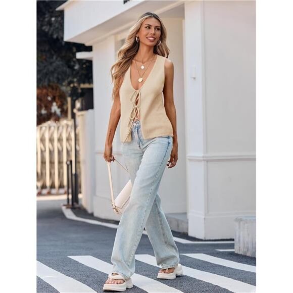 ✨ Tie Front Crochet Knit Sweater Vest – Ribbed Sleeveless Tank Top - Picture 4 of 5